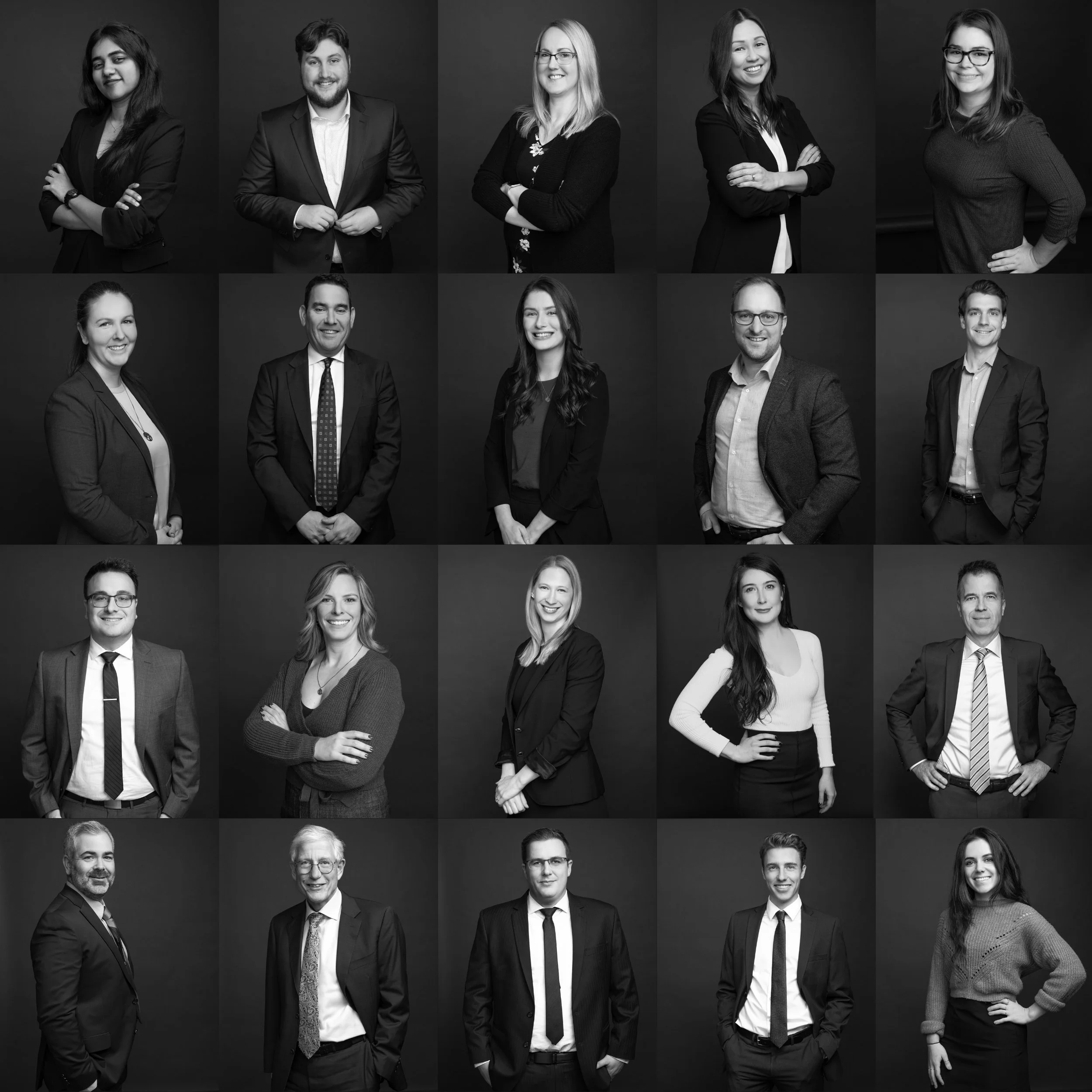 A collage of 21 black-and-white portraits of diverse men and women in professional attire, arranged in a grid.