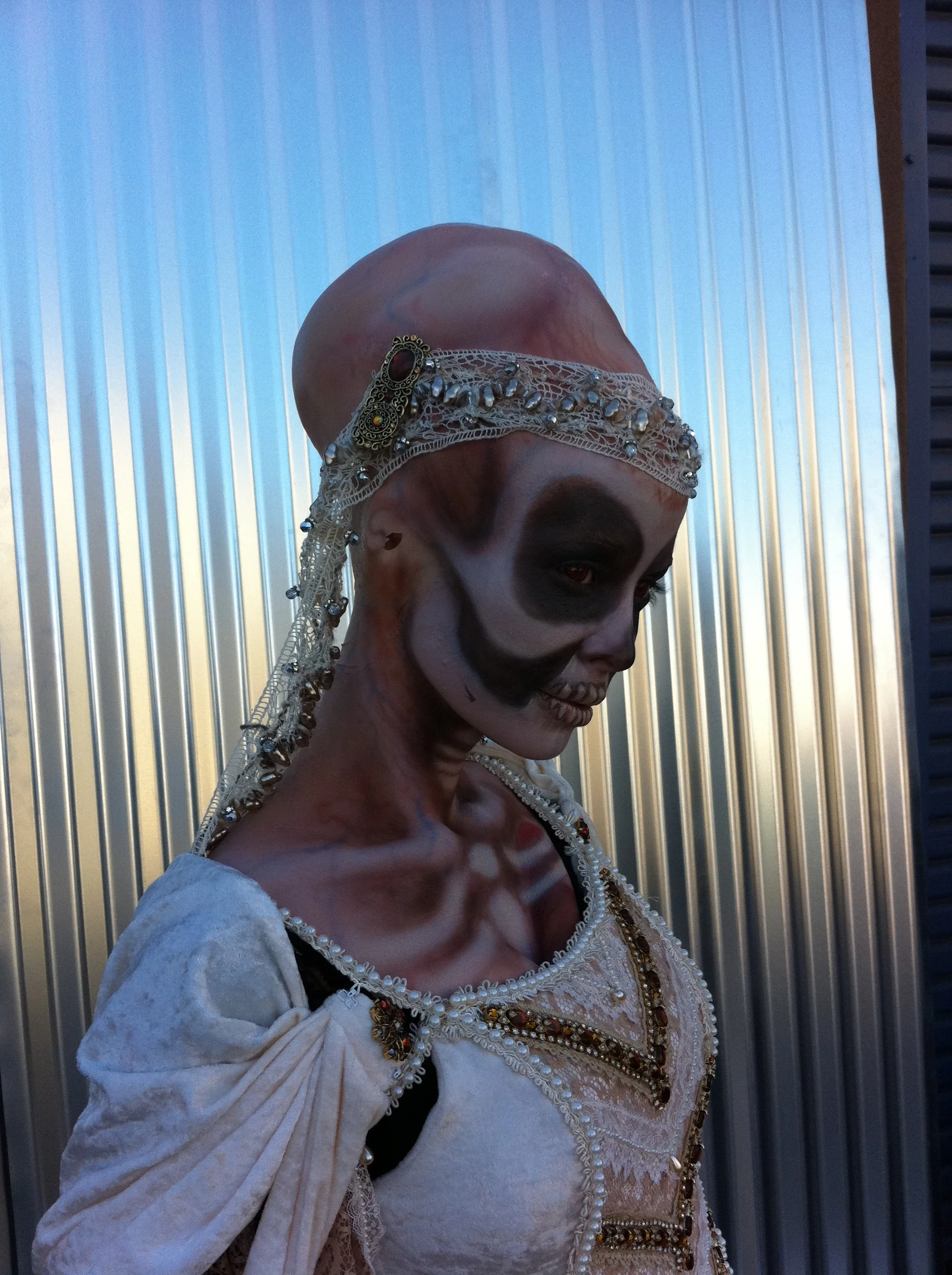 My friend April Eden (green girl from Star Trek Into Darkness) called me and asked if I could make her up as a “Skeletal Alien” for Monsterpalooza a couple of years ago. I asked “what does that look like?” She replied, “whatever you think…” This was the result!