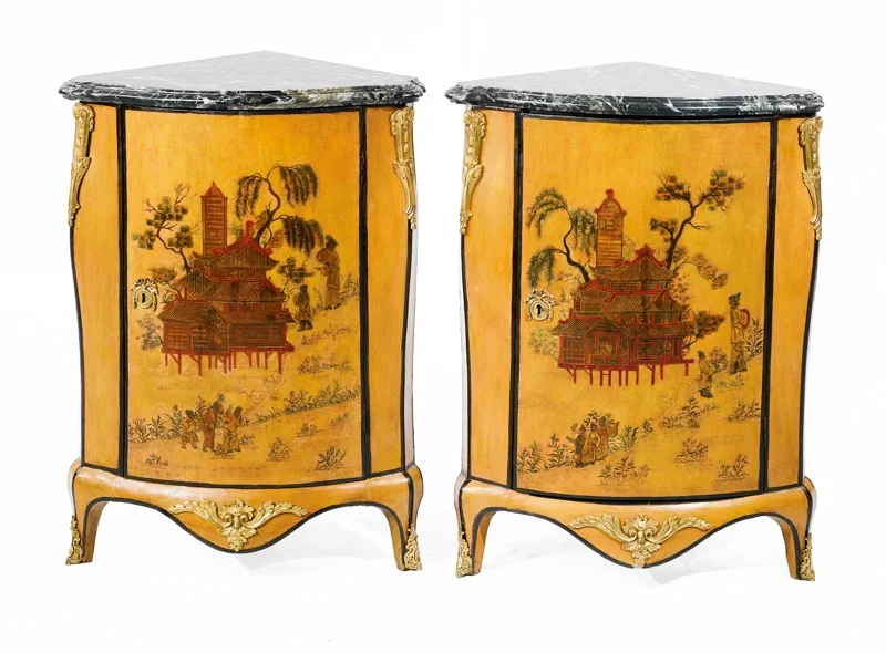Pair of Louis XV Ormolu-Mounted Chinoserie Lacquered Encoigneurs