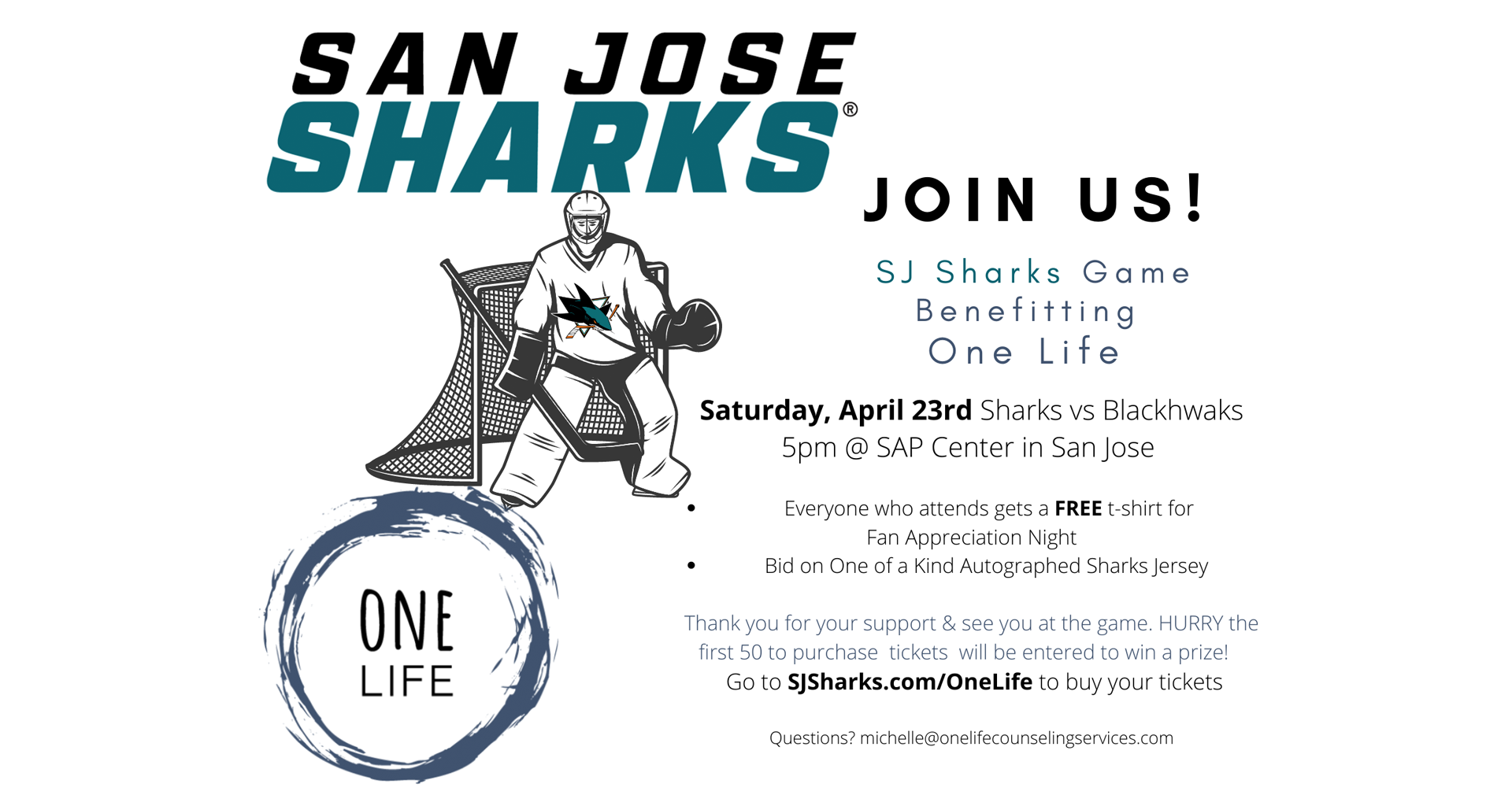 One Life Counseling Center: San Jose Sharks Fan Appreciation Night Game