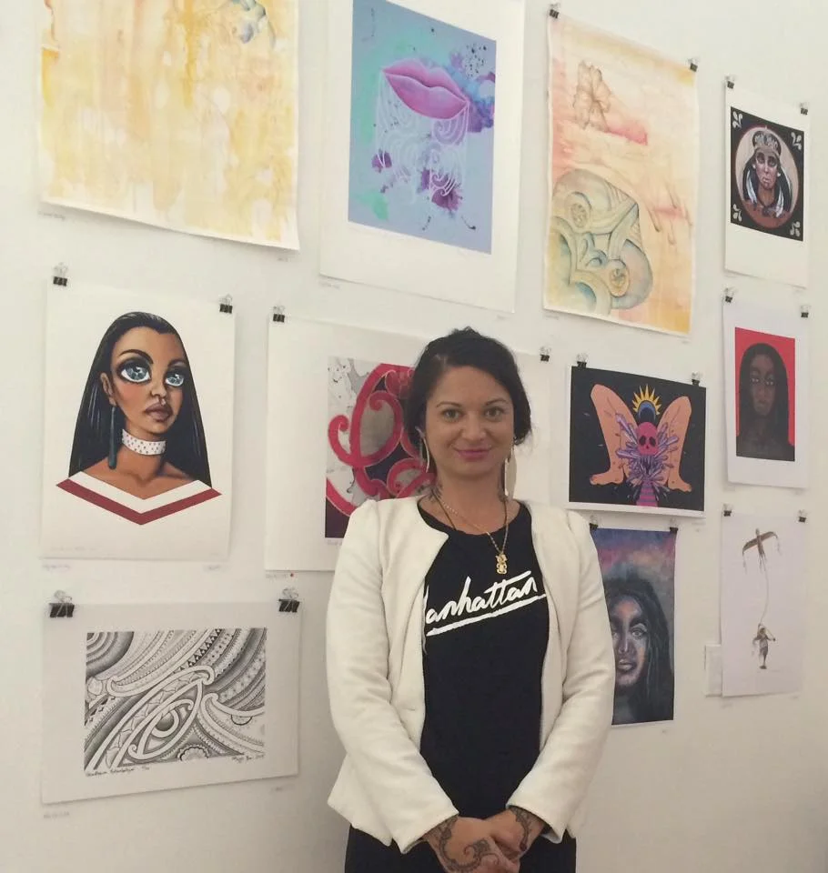 At Ora Ny Gallery with works by myself and the Toi Wāhine Collective exhibited behind me.