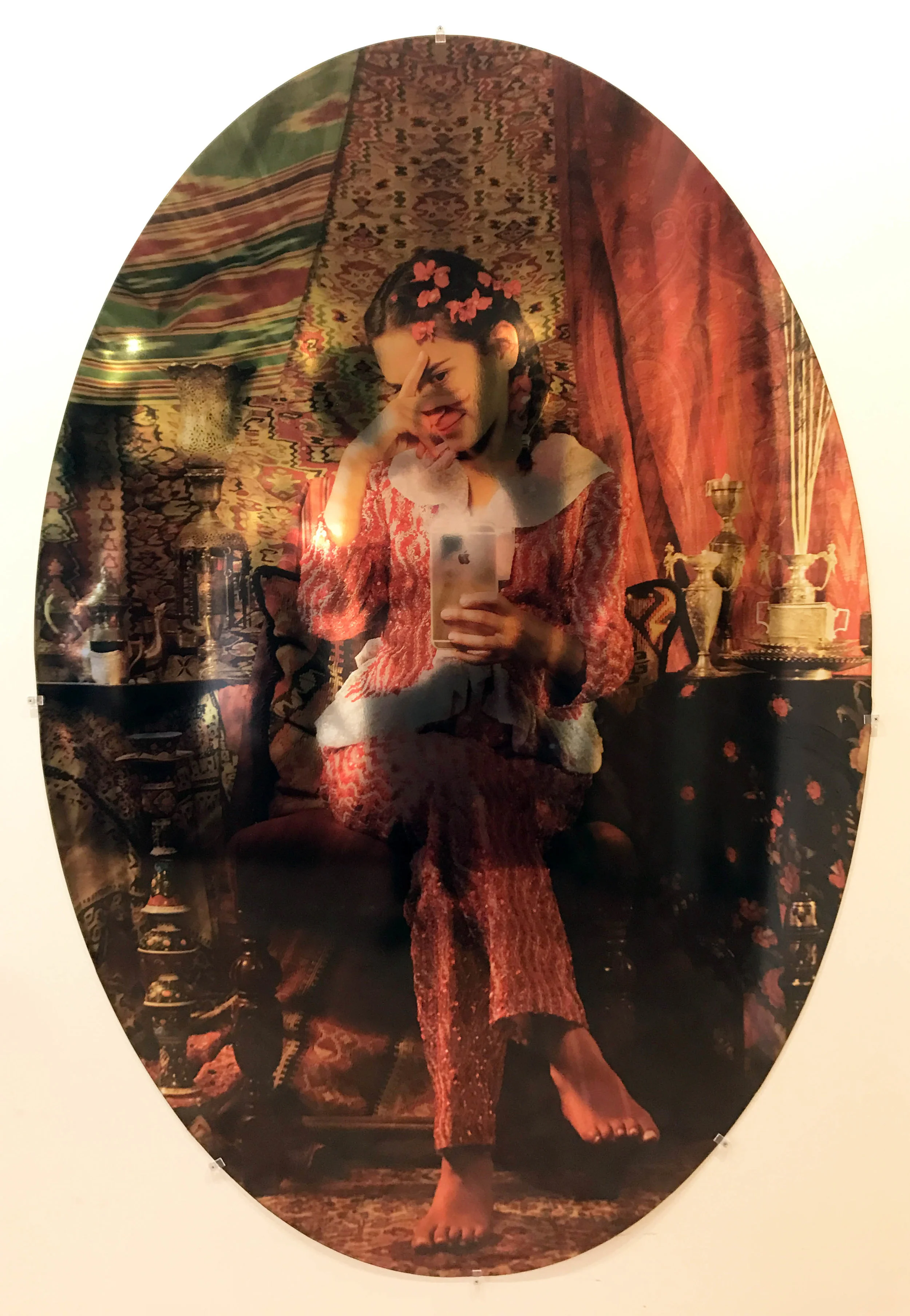 Alexandre Dorriz, "What paradise does the proliferation of new media promise us? Is a byte from an Apple better than it once was? Or will it too be met by a sudden expulsion?", 2017. (Installation View) Acrylic, Mirror, Mixed Media., , 72" (H) x 48" (W).