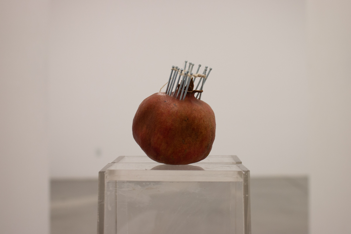 “Untitled (Wormhole 04)”, Pomegranate (35°39'10.151" N 119°53'35.837), Stainless Steel Nails, Exposed Silk (2 Silkworm Cocoons exposed to YouTube search algorithm, “Lawrence of Arabia” played continually for 10 days), 2 Plexi Pedestals. 2018.