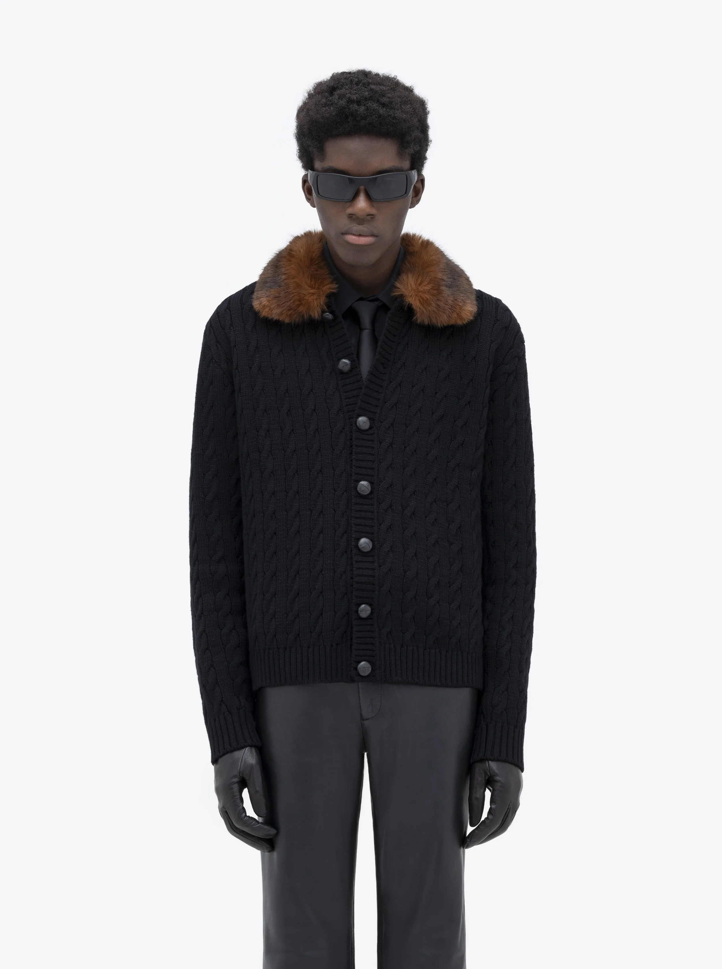 CABLE KNIT FAUX FUR COLLAR CARDIGAN — ERNEST W. BAKER