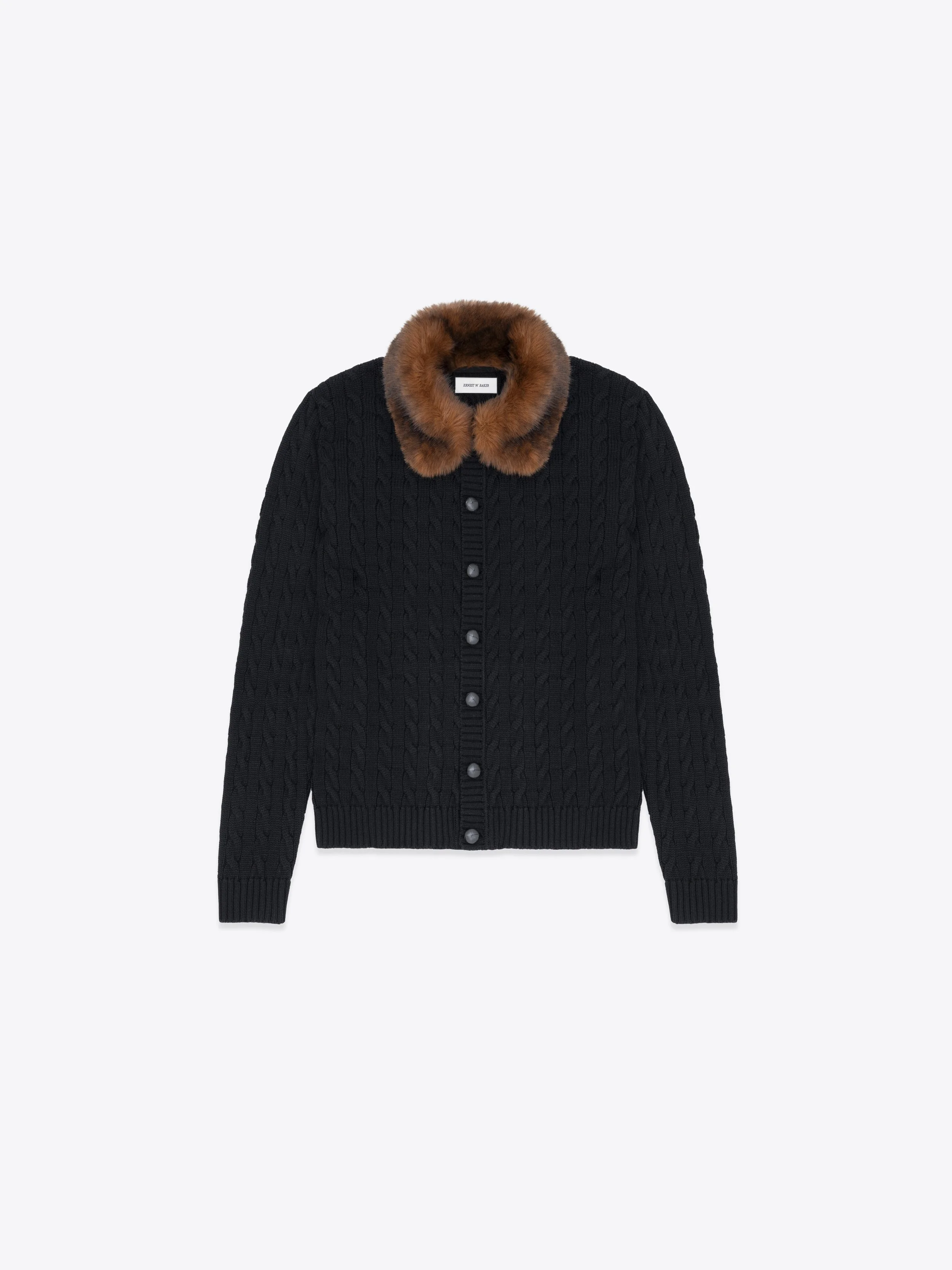 CABLE KNIT FAUX FUR COLLAR CARDIGAN — ERNEST W. BAKER
