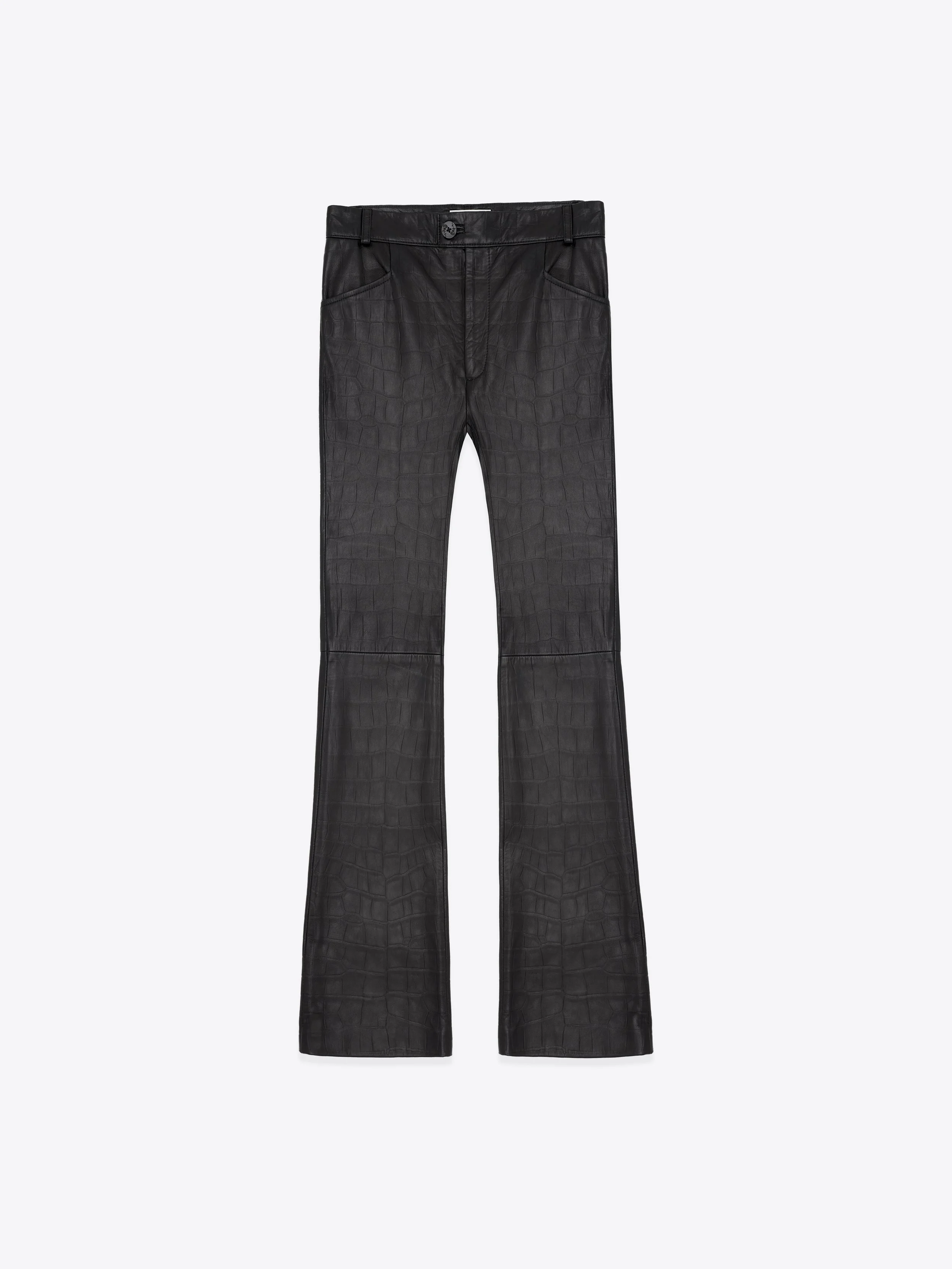 LEATHER FLARE TROUSERS - BLACK EMBOSSED CROCODILE — ERNEST W. BAKER