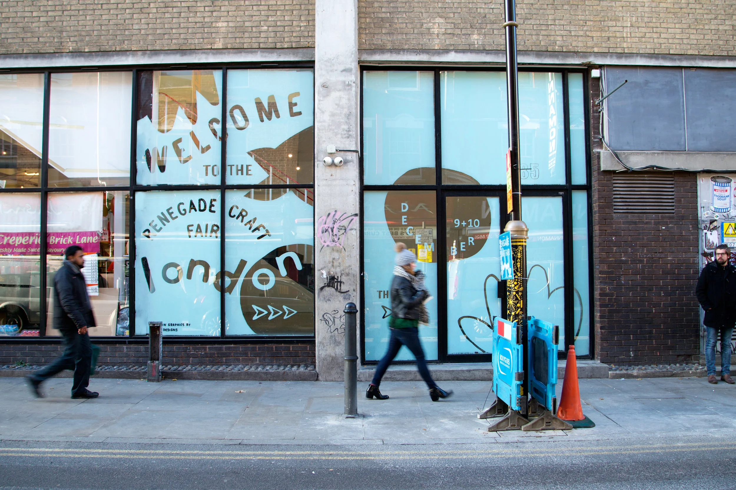  Window graphics designed and painted for  Renegade Craft Fair's  Autumn/Winter event in London, 2017.&nbsp;  The design incorporates their branding elements to create a visually strong and fun graphic for the main entrance to the venue.&nbsp; 