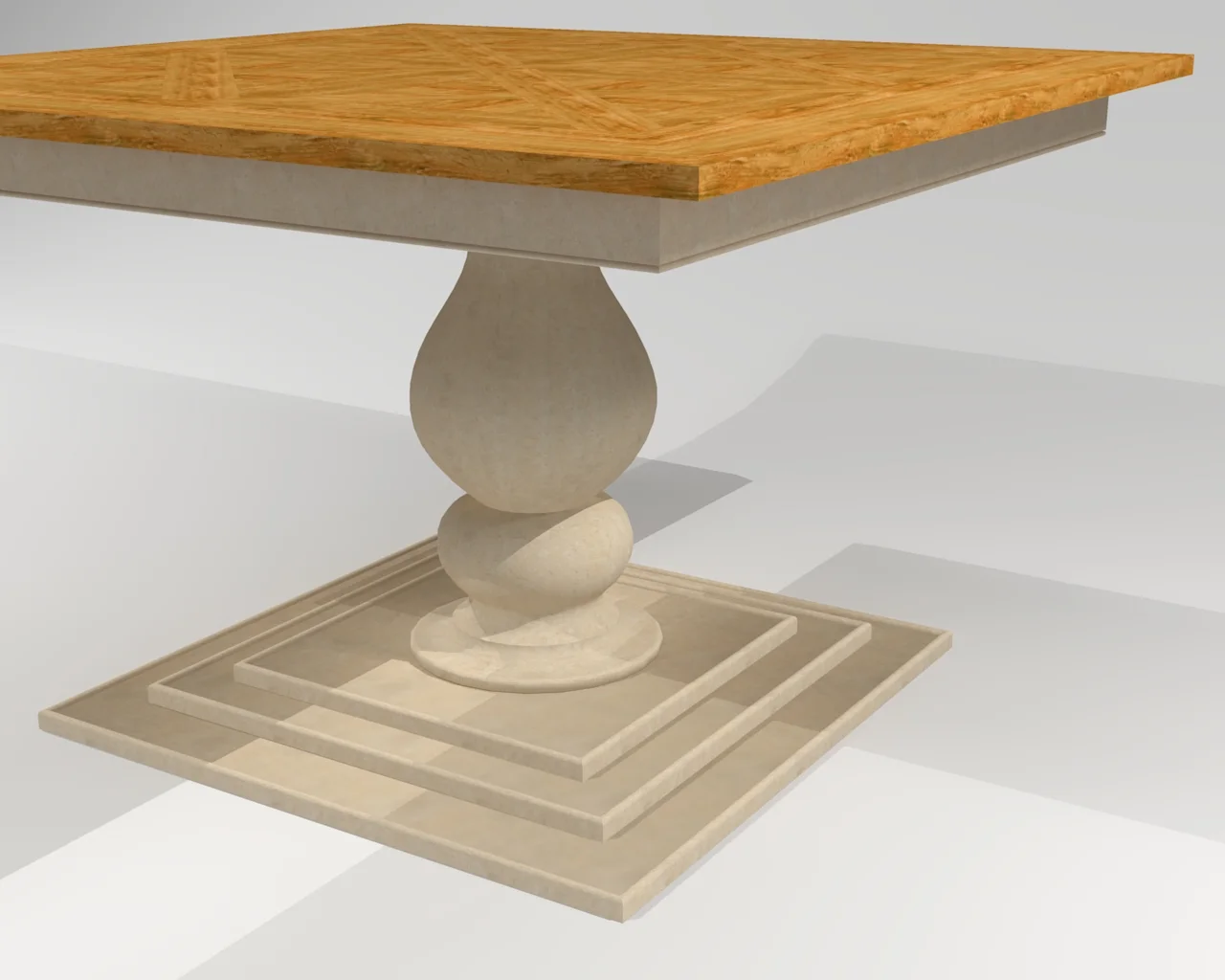 Square Dutch Pedestal Table - 50" x 50" Square pedestal table with reclaimed wood top, executed in a pattern reminiscent of some early Dutch pieces, with a turned pedestal and large square base, reminiscent of the Tuscany region of Italy.