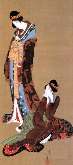 Deux courtisanes , Hokusai, 1800, peinture sur soie, 110,5 x 36,7, Bijutsukan, MOA