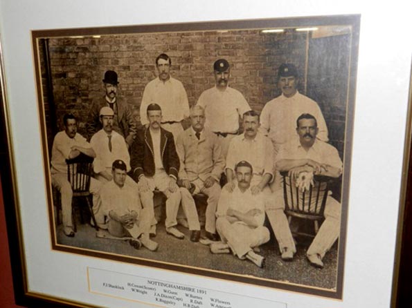 Frank Shacklock and Mordecai Sherwin – the two Nottingham cricketers based on whom fiction’s greatest detective was named, can be seen at the two extremes of the middle row in this picture that hangs in the Trent Bridge pavilion 