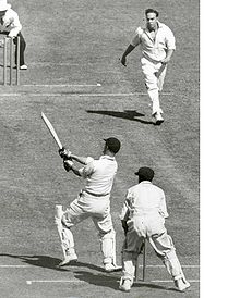 Len Hutton pulls Ian Johnson during the 1950-51 series
