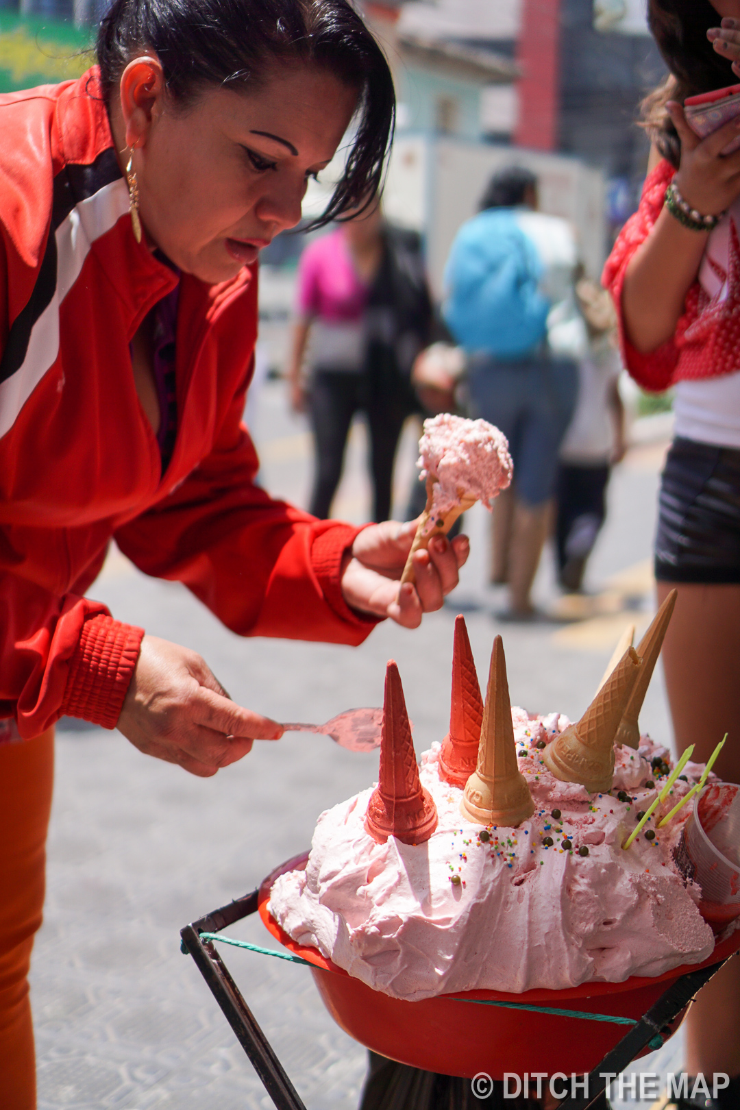 Trying a Strawberry Marshmallow-Fluff like Dessert in Otavalo, Ecuador
