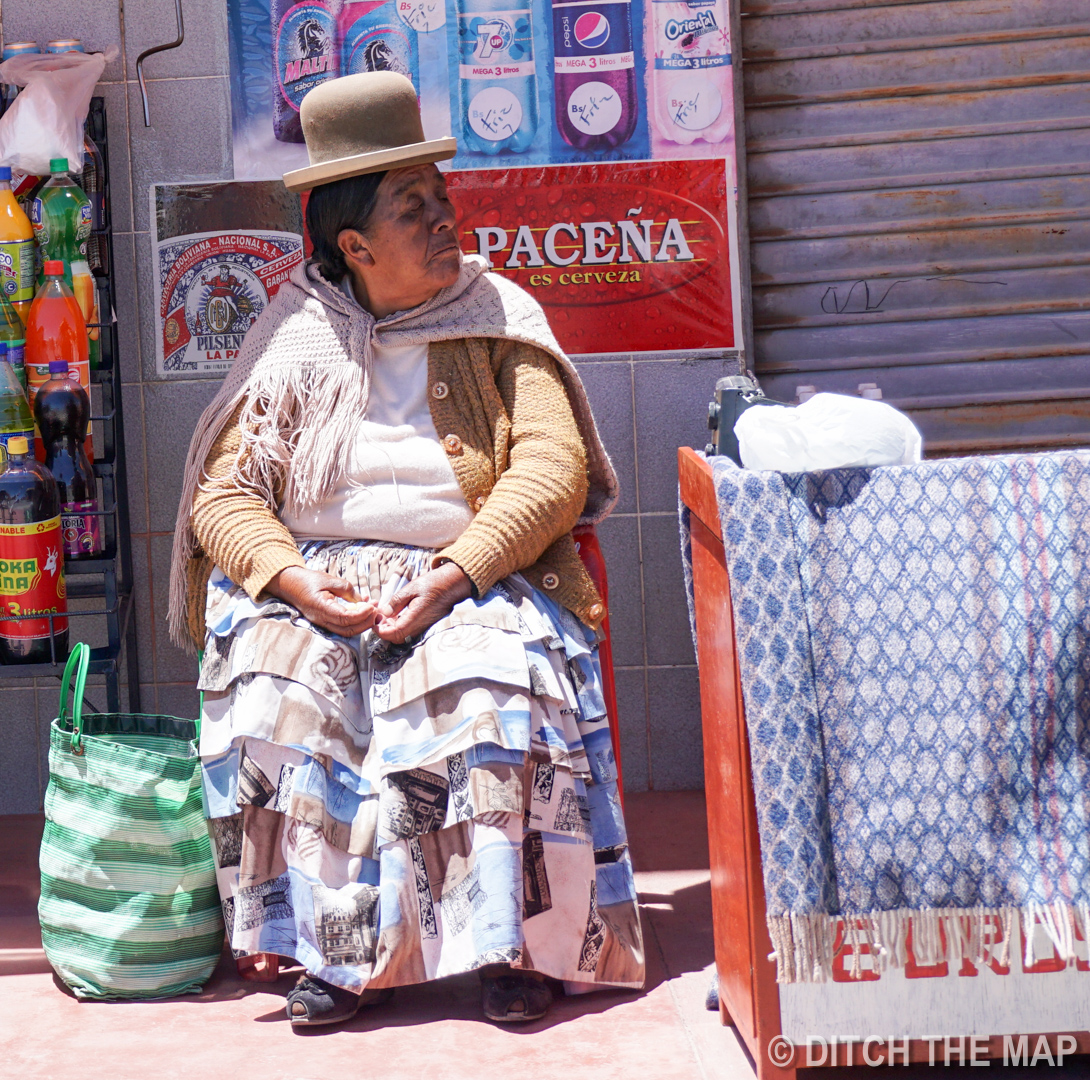 Indigenous Woman wearing traditional "silly" hat in La Paz, Bolivia