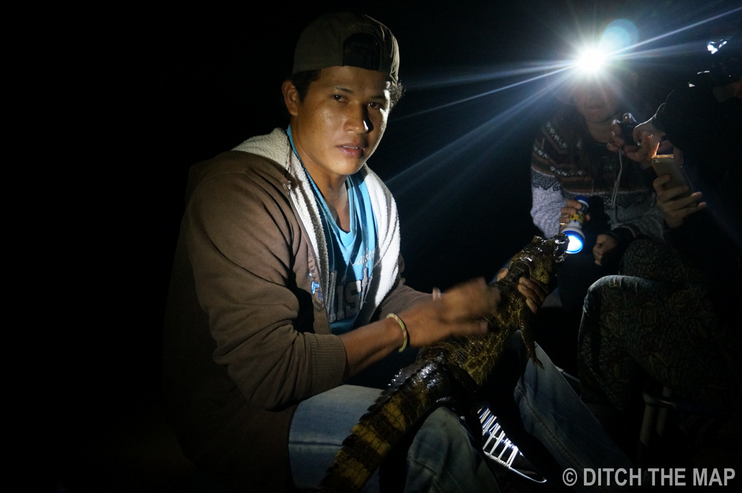 Our tour guide holding an alligator in The Pampas, Bolivia