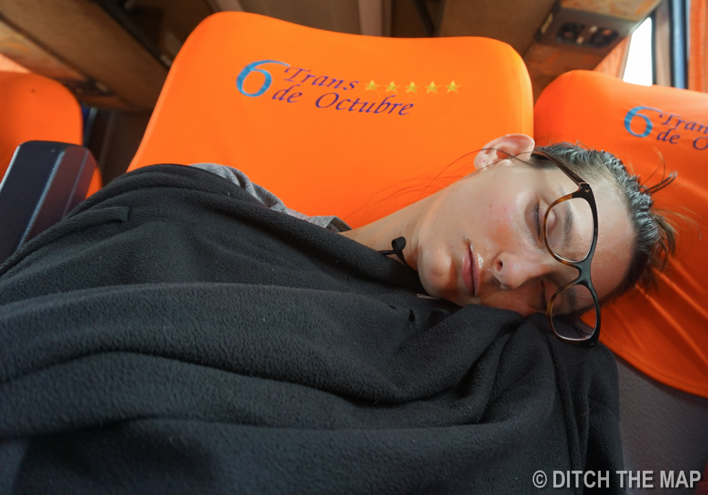 Sylvie naps during our 8 hour bus ride to Uyuni, Bolivia