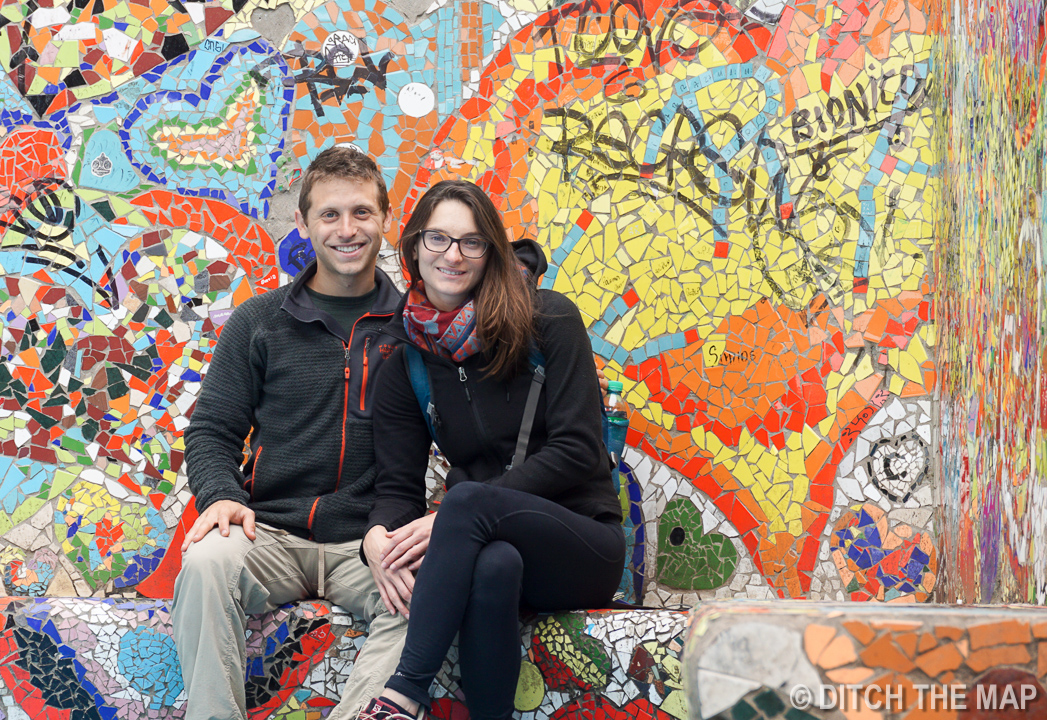 We rest in a mural plaza in Valparaiso, Chile