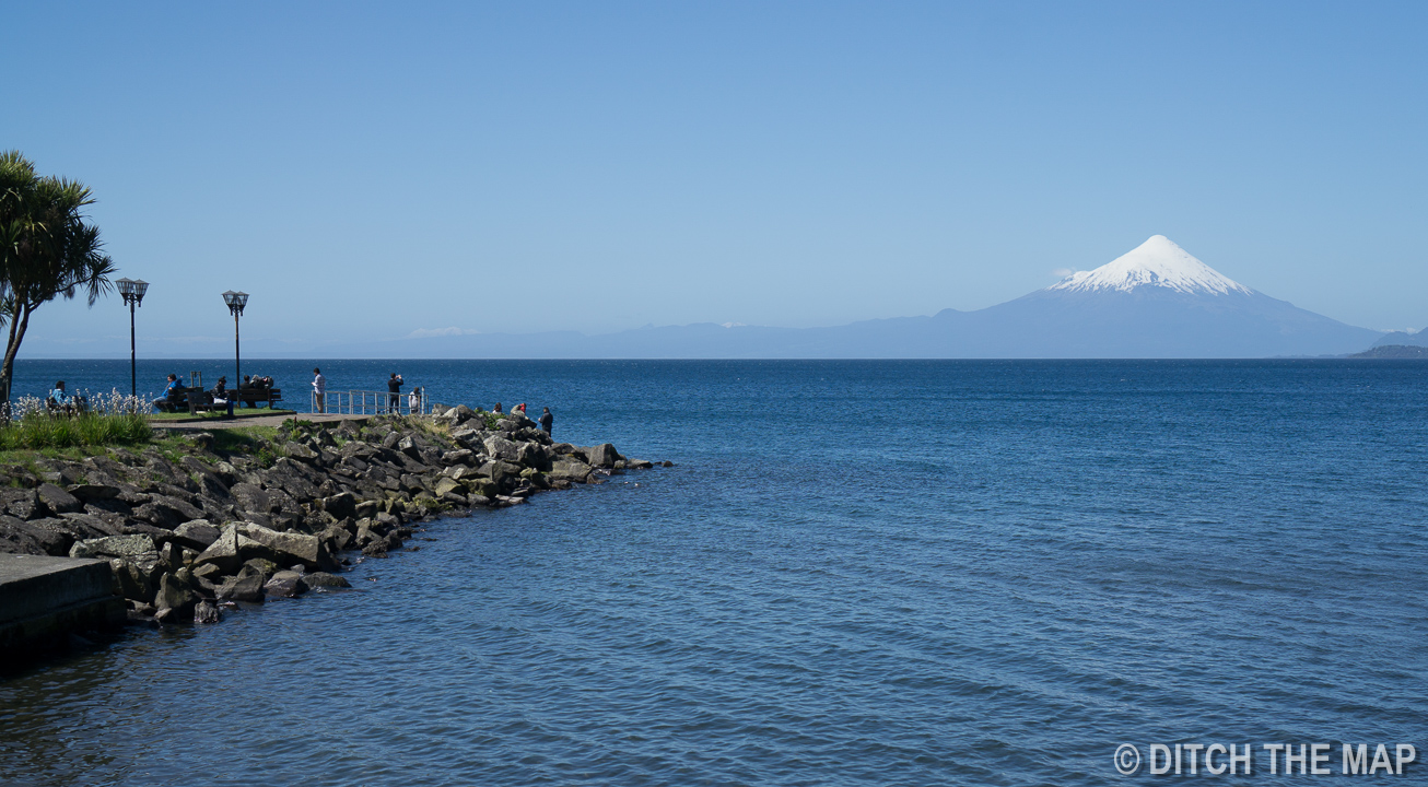 The docks and volcano in Puerto Varas, Chile