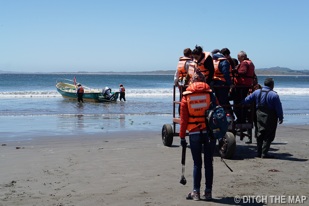 Getting pulled to a boat in Chiloe, Chile
