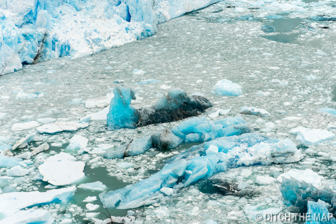 Blue ice floats at Perito Moreno Glacier just outside El Calafate, Argentina