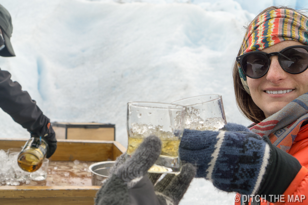 Enjoying a whiskey and chocolate atop Perito Moreno Glacier just outside El Calafate, Argentina