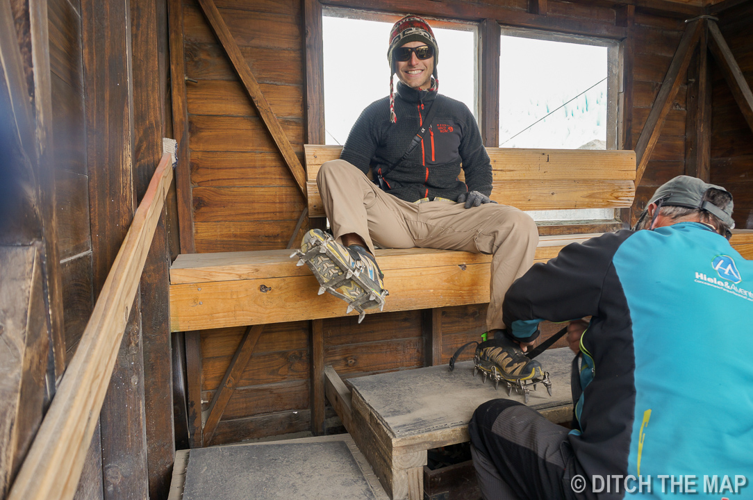 Getting our crampons ready for hiking atop Perito Moreno Glacier just outside El Calafate, Argentina