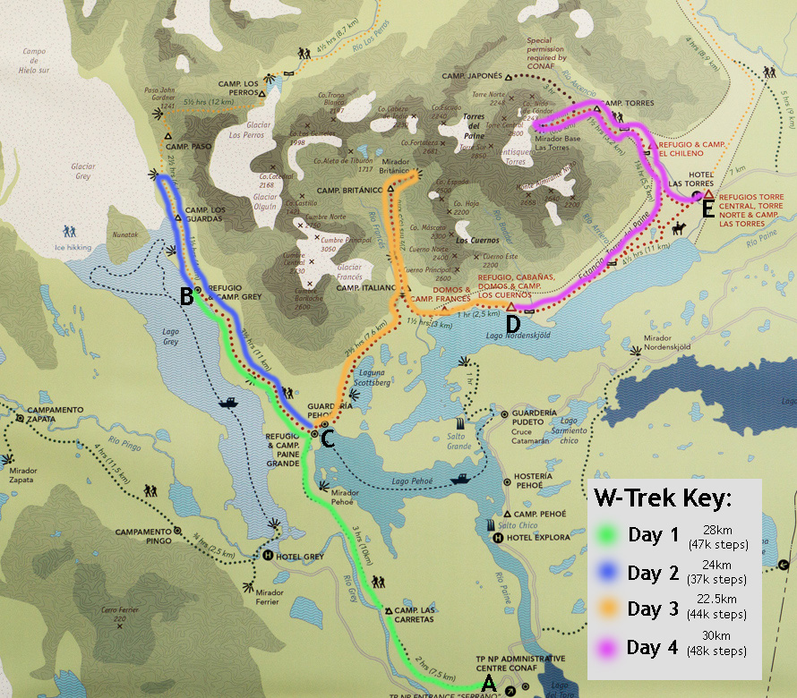 A Map of Our W-Trek Hike in Torres del Paine, Chile