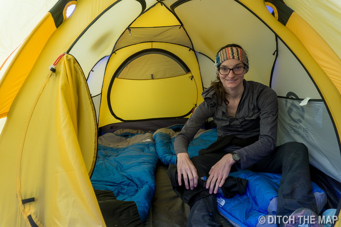 Inside our tent at Paine Grande in Torres del Paine, Chile