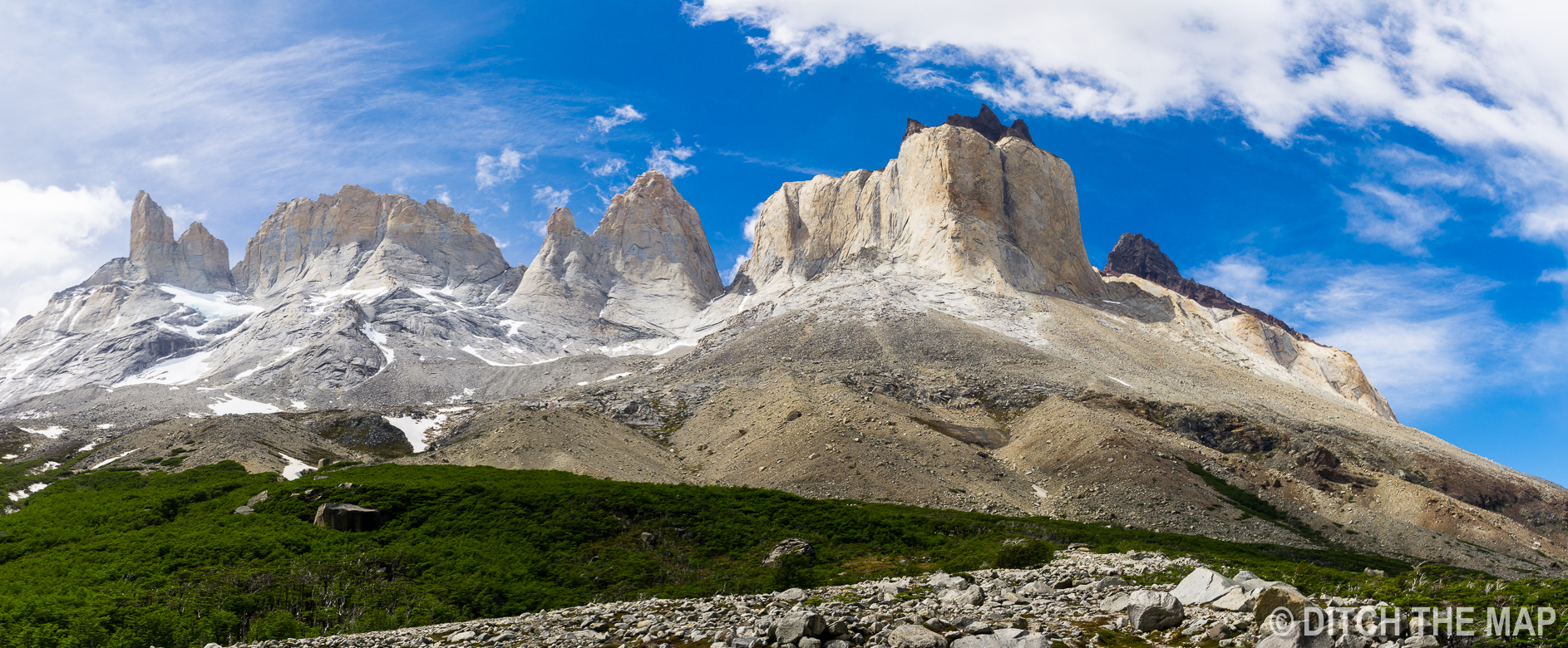 Panoramic view during our 3rd day hiking the W-Trek in Torres del Paine, Chile