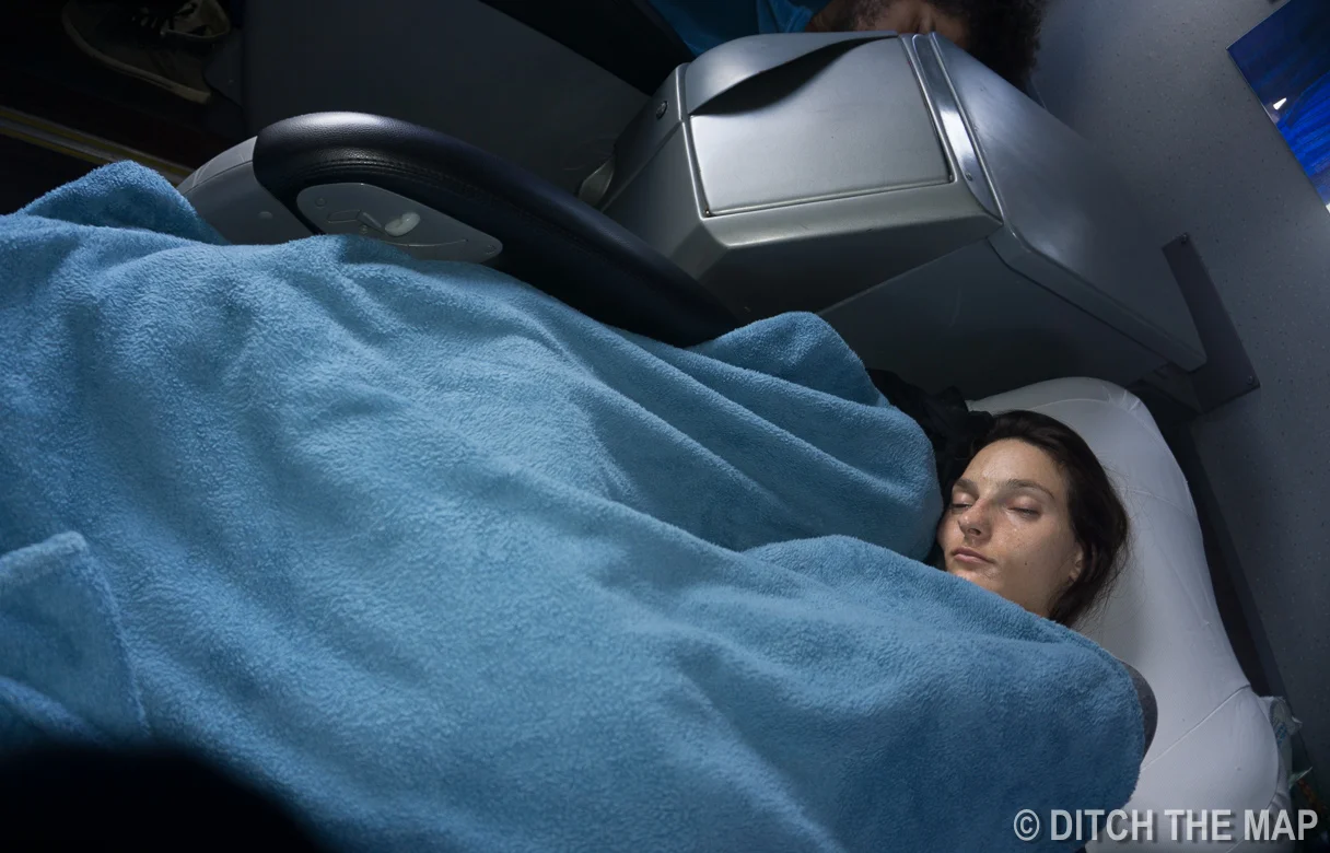 Sylvie sleeping on the bus to Sao Paulo, Brazil