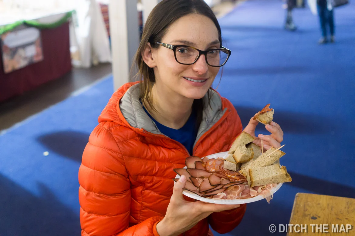 Enjoying our cured meat plate for dinner in Lisbon, Portugal