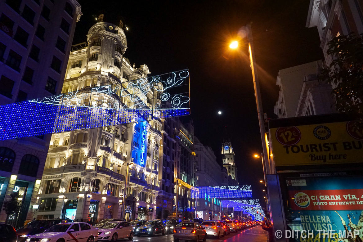 Walking around at night in Madrid, Spain