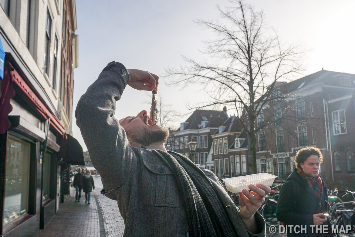 Dennis eats Herring in Leiden, Netherlands
