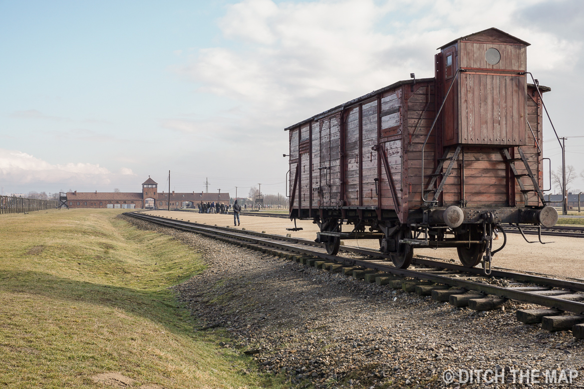 Trains tracks leading right in Auschwitz II, Poland