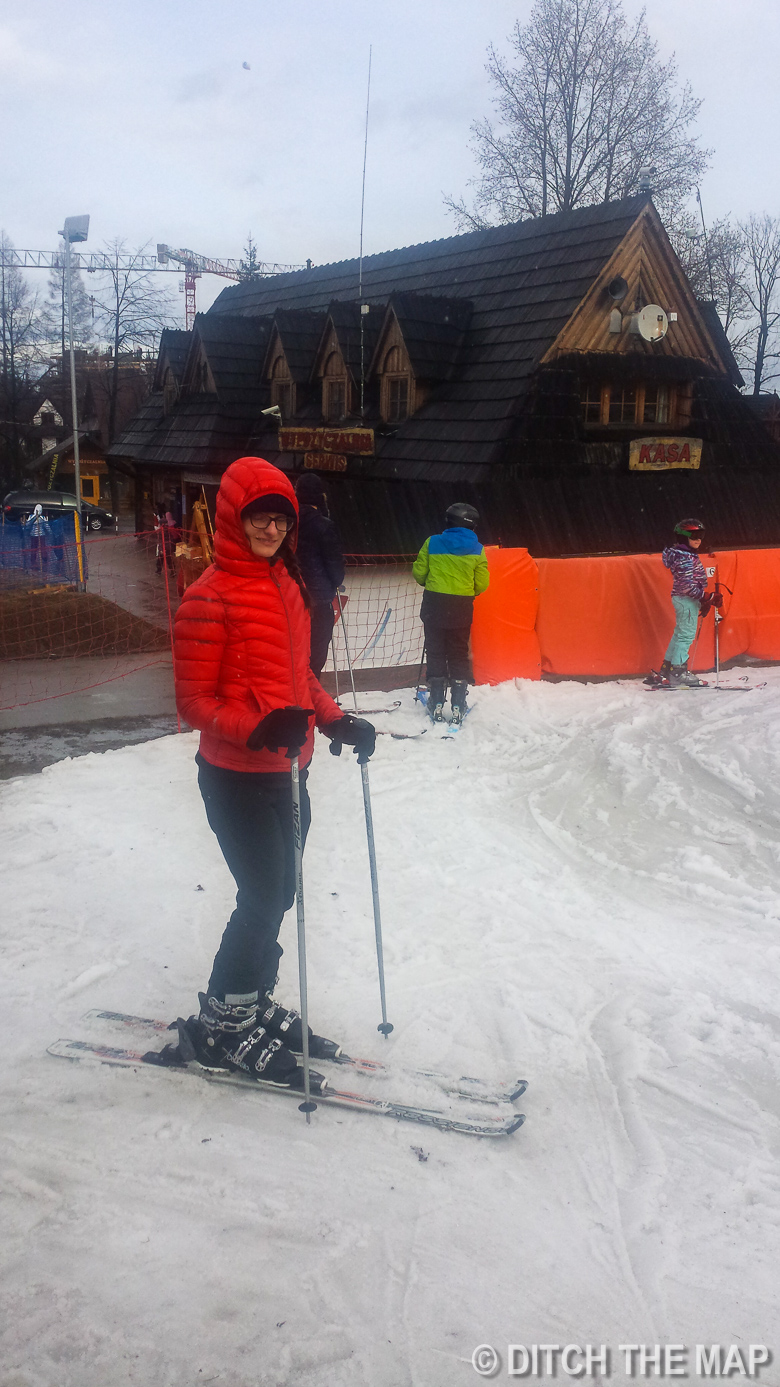 Sylvie skis for the first time at Nosal Ski Resort Zakopane, Poland