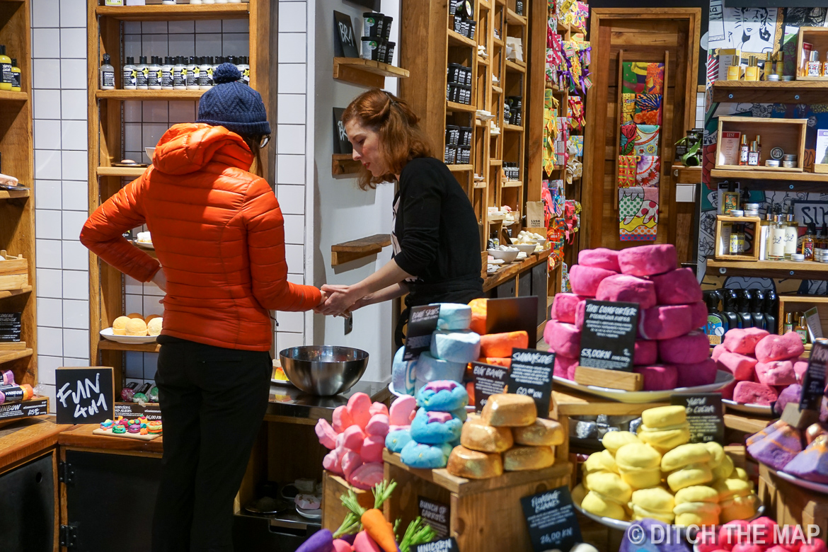 Getting a dozen free samples at Lush's 3rd Store in Zagreb, Croatia