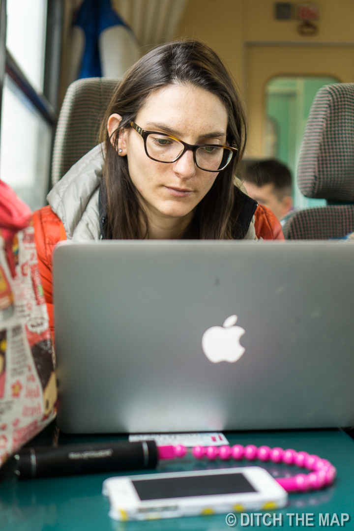 Editing an article submission while on a train to Sighișoara, Romania