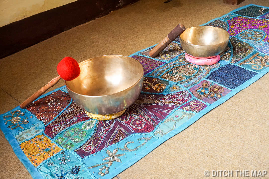Tibetan Singing Bowls and Hand Sewn Table Runner in Kathmandu, Nepal