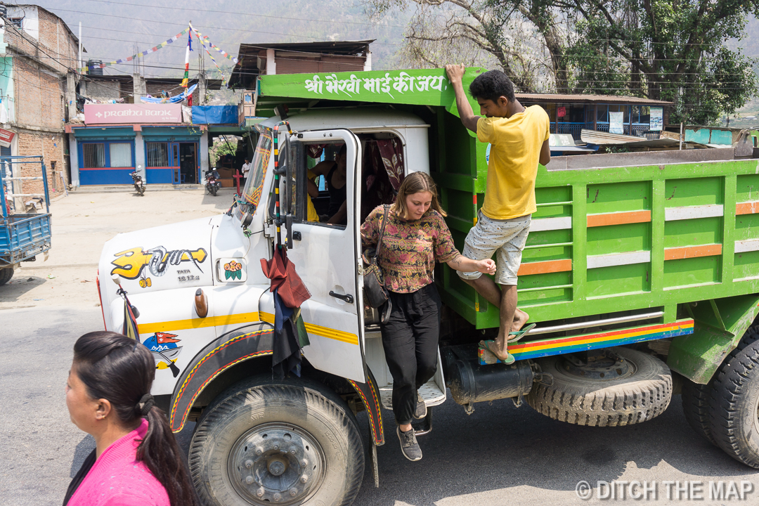 Hitchhiking into Town During our Workaway in Nepal