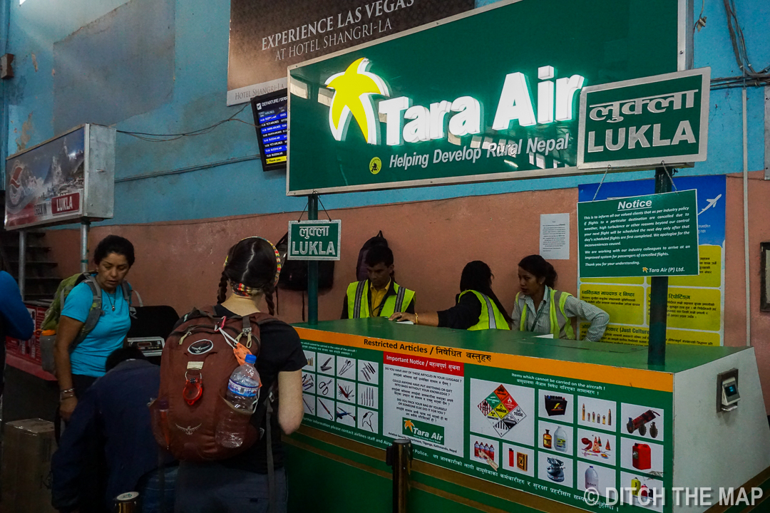 Waiting in line at Kathmandu Airport for our Flight to Lukla, Nepal
