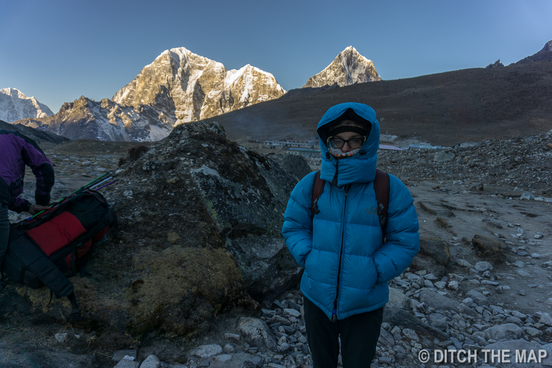 Freezing our asses off early in the morning en route to Gorak Shep
