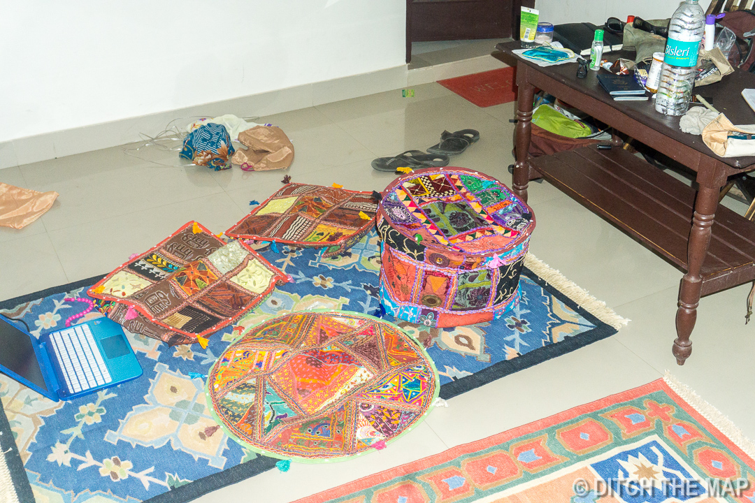 Our Patchwork Pieces on our 2 Handwoven Dhurries in Pushkar, India