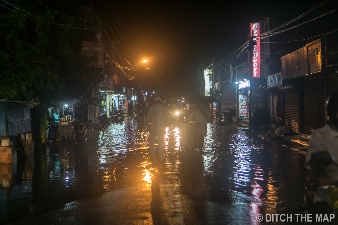 Flooded street during a monsoon downpour in Appelley, India
