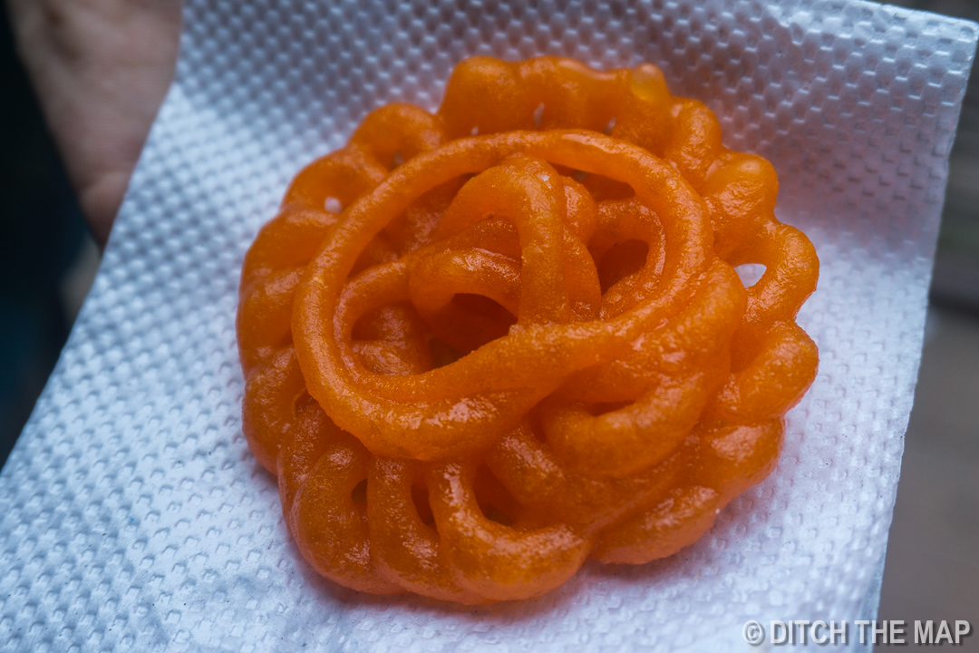 Jalebi, or Zulbia, is a deep fried wheat flour that has been soaked in sugary syrup