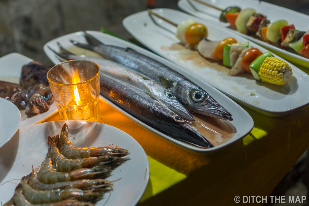 Selling fish outside the restaurants in Gili Air, Indonesia