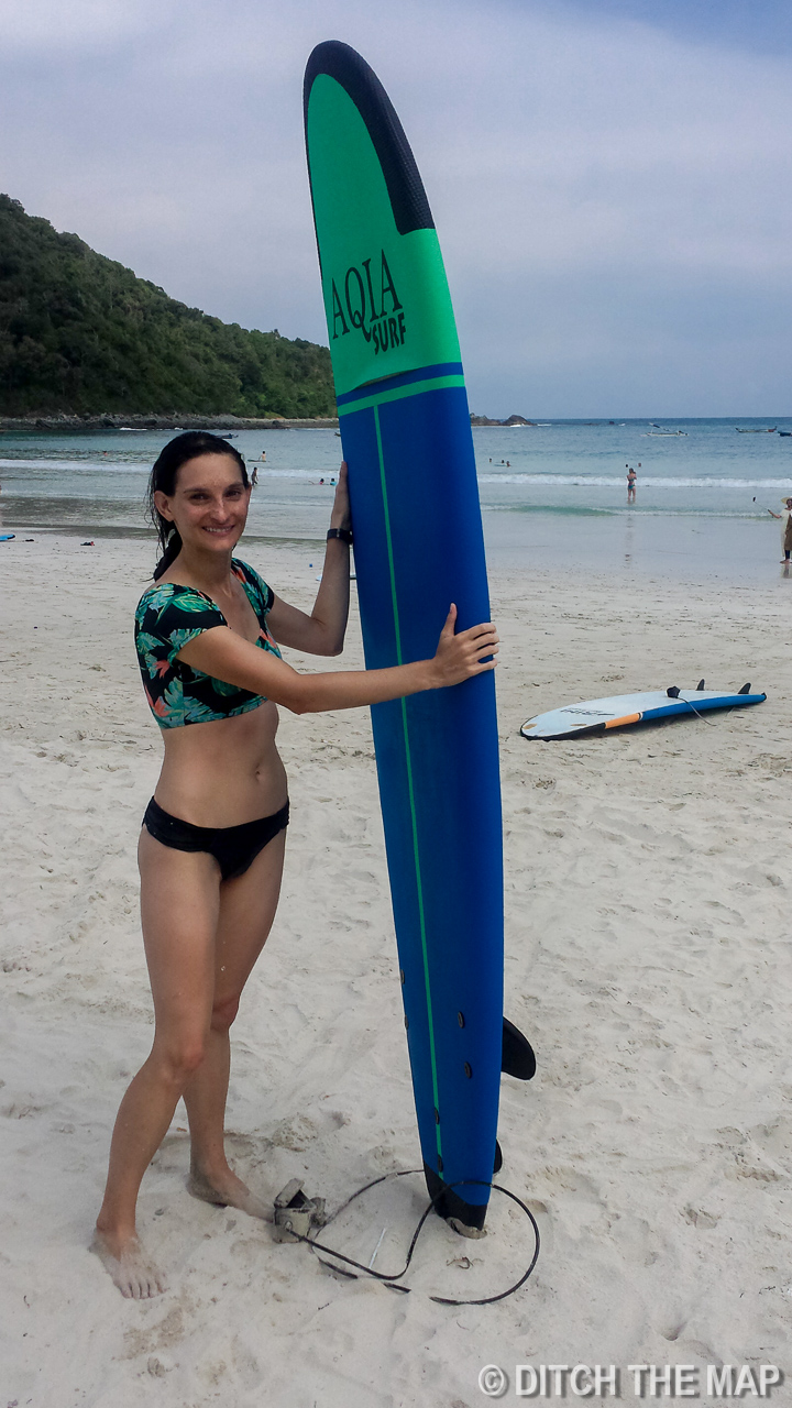 Sylvie Catching Waves at Selong Belanak Beach in Lombok, Indonesia
