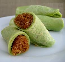 Pandan crepe with coconut and brown sugar filling