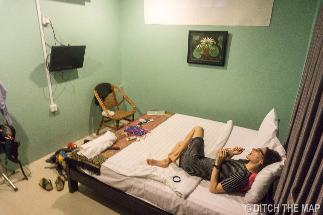 Enjoying our Hotel Room in Kampot, Cambodia