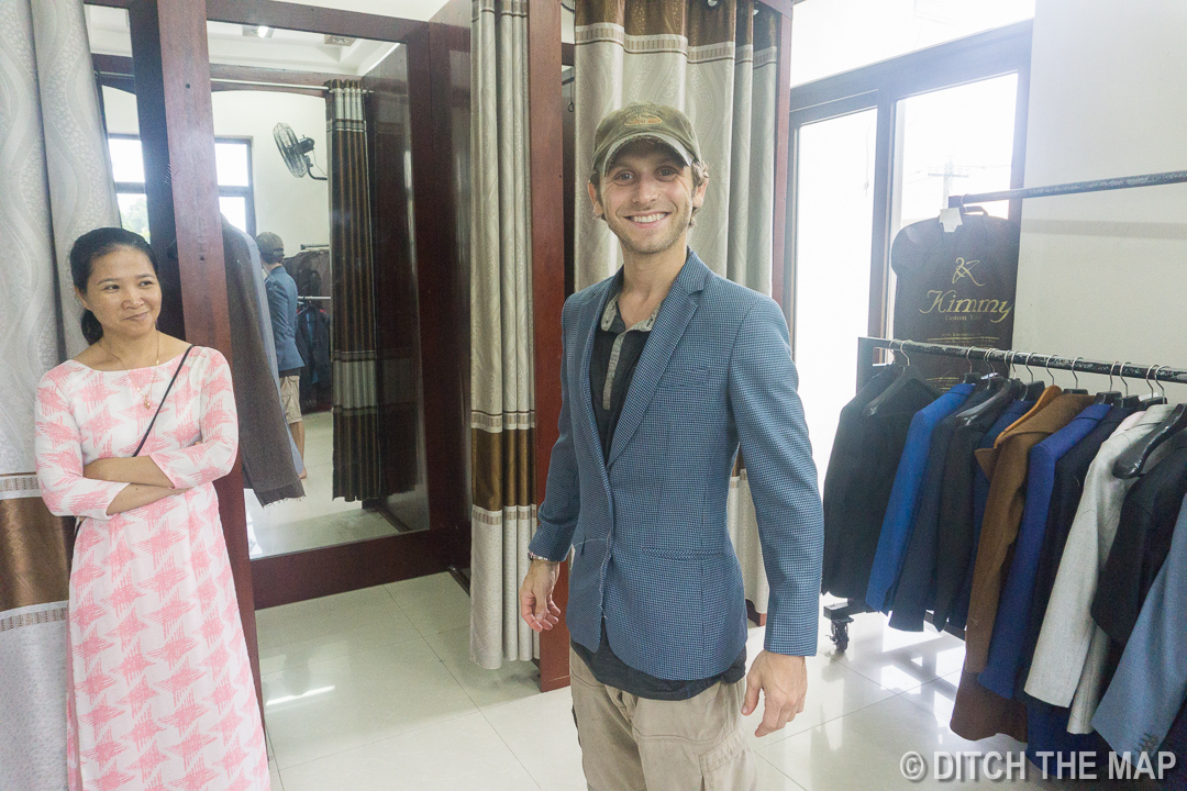 First Fitting of my Blue Sports Coat at Kimmy Tailor in Hoi An, Vietnam