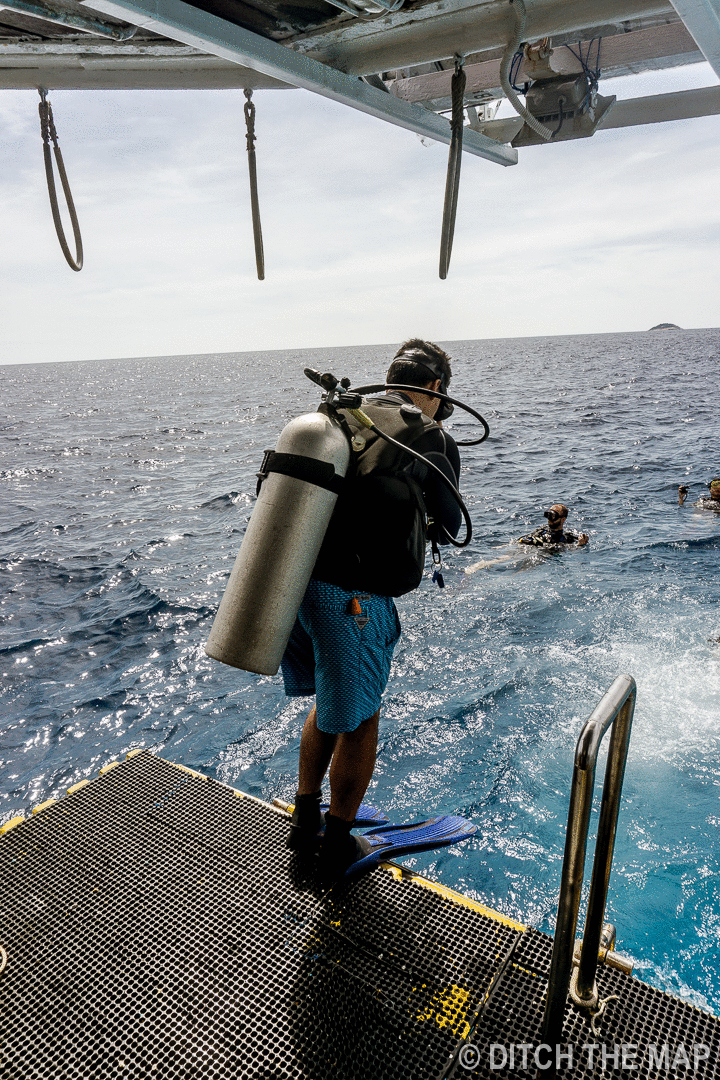 Jumping into the Water for our First Dive at the Similan Islands, Thailand