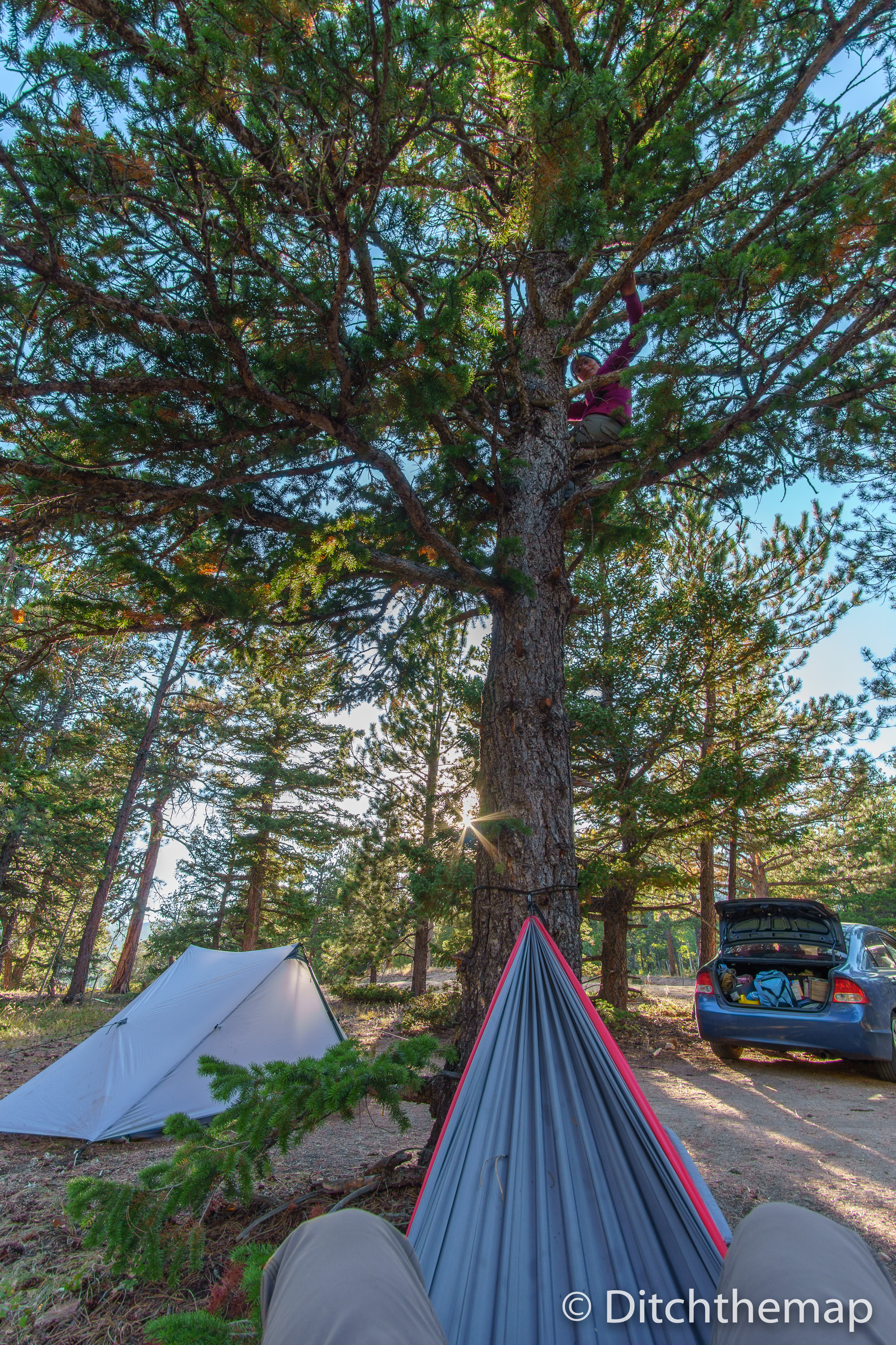 Hammock, Tent, and Car with Sun flair in sky 